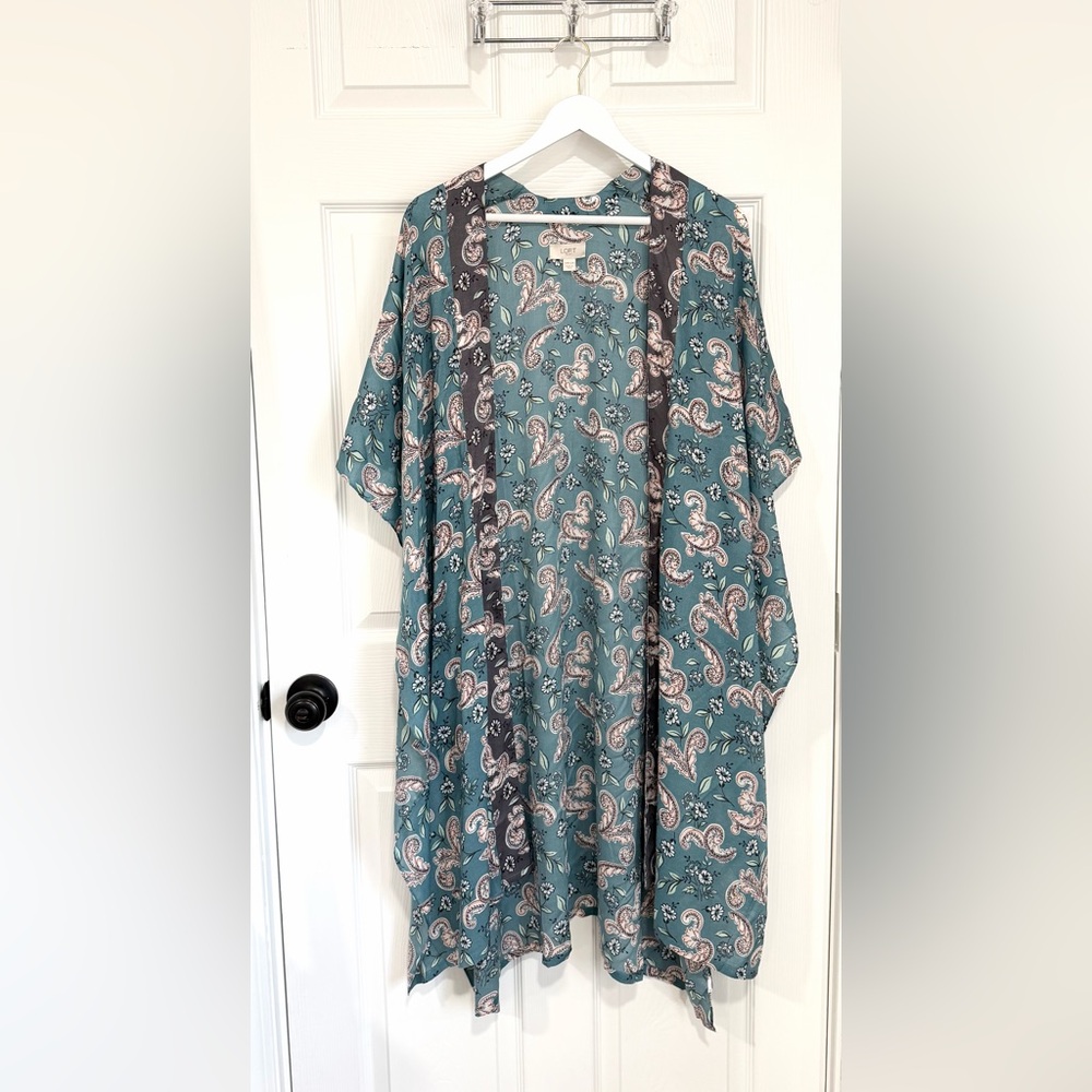 Ann Taylor LOFT Teal Paisley Lightweight Floral Open-Front Kimono - One Size - Picture 2 of 7